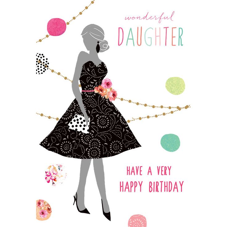Sara Miller birthday card featuring a party dress silhouette, designed for daughters, part of Pictura's everyday card collection.